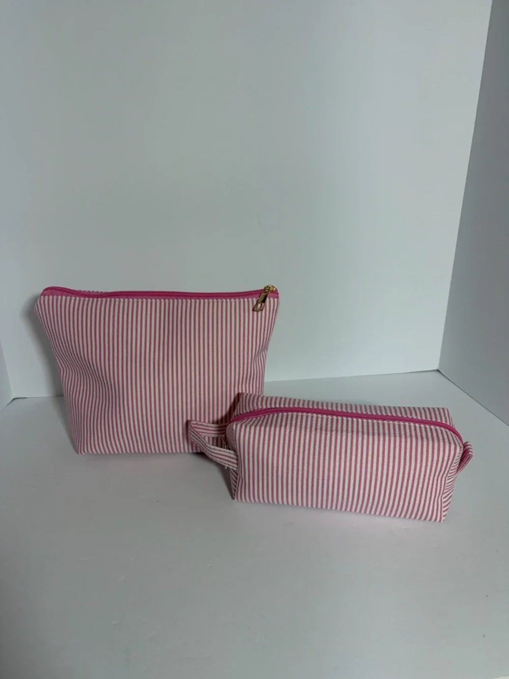 Pink & White Striped seersucker Makeup Pouch Duo w/ upcycled Gucci Patch